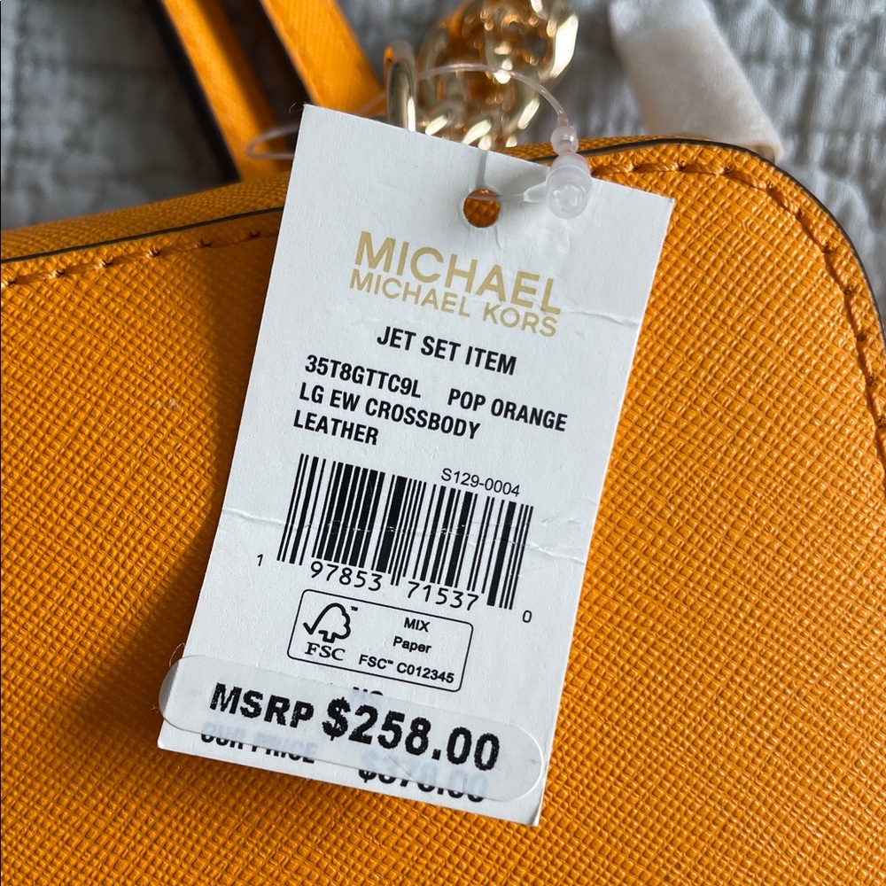 Michael Kors Structured Leather  Bag Crossbody Pop Orange Gold Chain Lg Jet Set - Picture 4 of 13